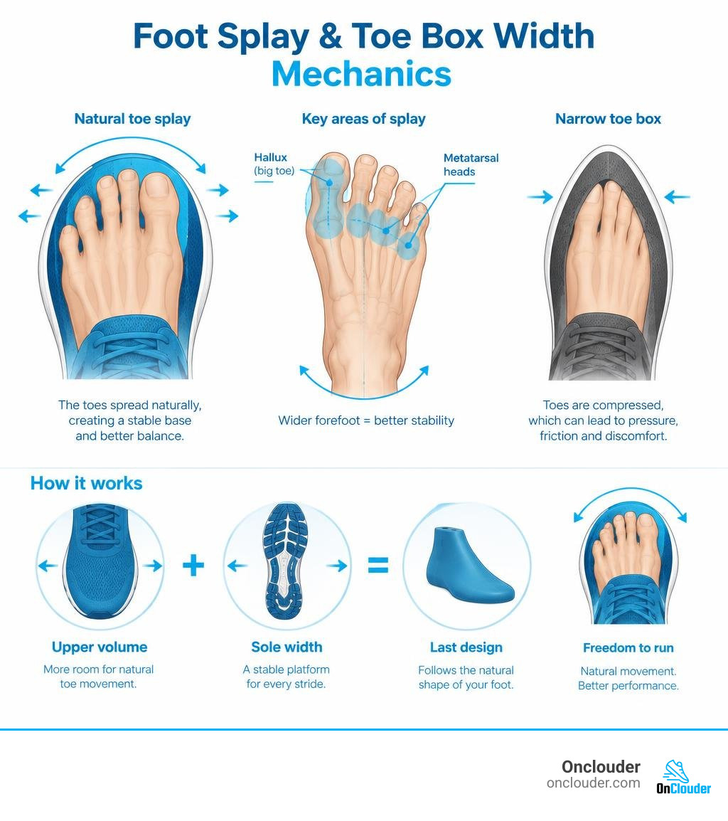 Foot splay and toe box width mechanics diagram infographic Foot splay and toe box width mechanics diagram infographic