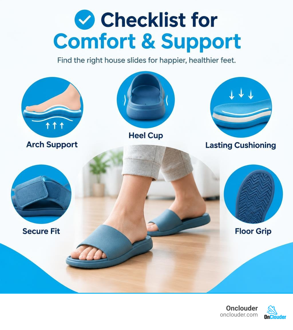 Checklist of arch support, heel cup, lasting cushioning, secure fit, and floor grip for house slides infographic