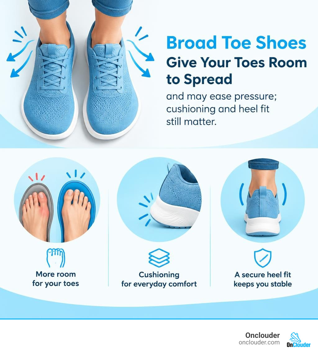 Broad toe shoes give toes room to spread and may ease pressure; cushioning and heel fit still matter infographic Broad toe shoes give toes room to spread and may ease pressure; cushioning and heel fit still matter infographic