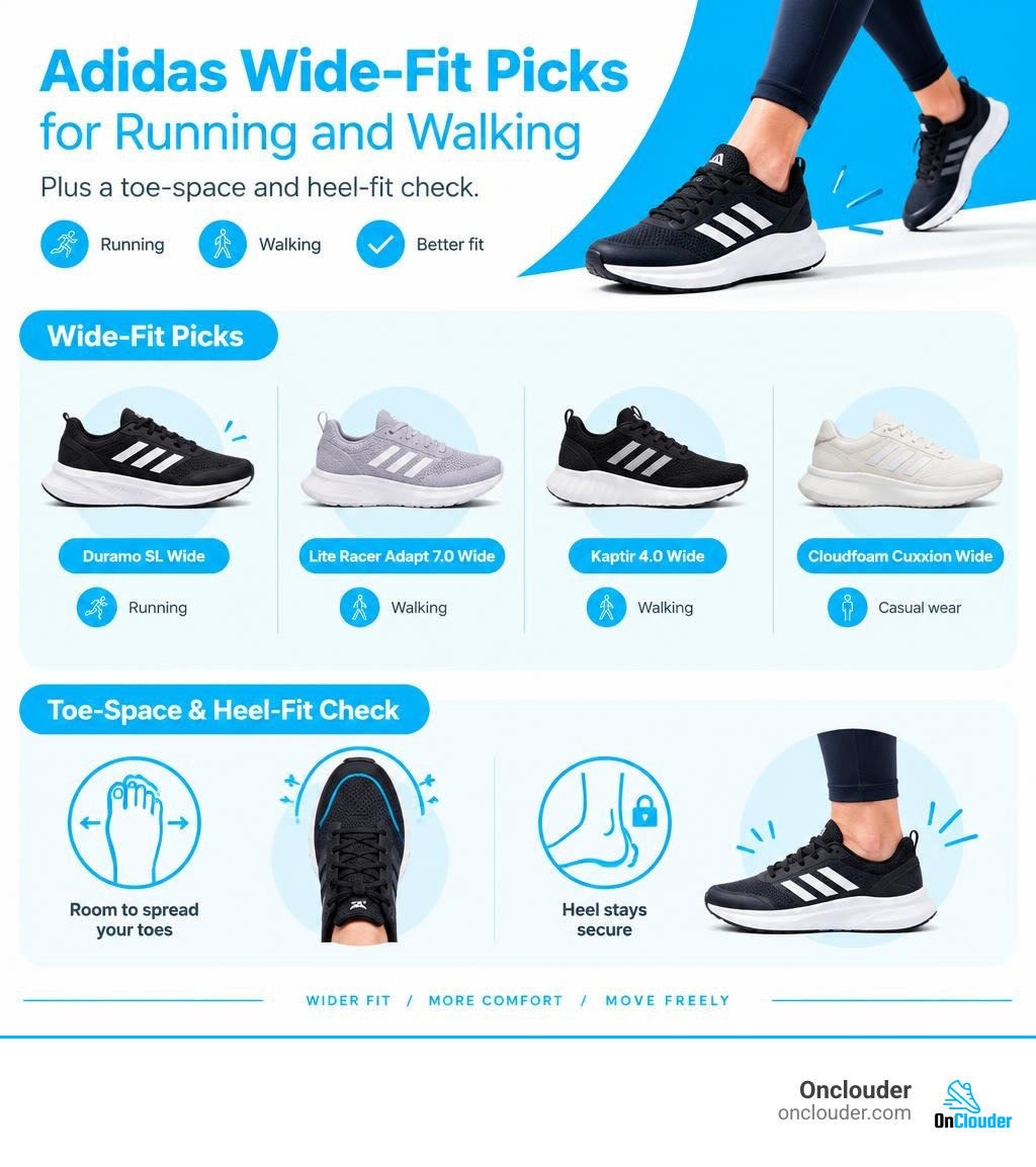 Adidas wide-fit picks for running and walking, plus a toe-space and heel-fit check infographic Adidas wide-fit picks for running and walking, plus a toe-space and heel-fit check infographic