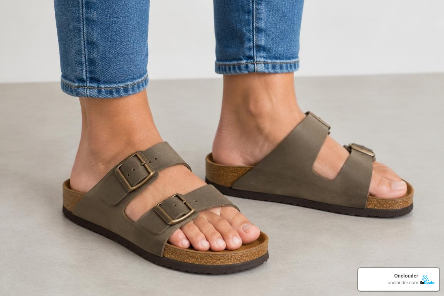 Proper foot placement and spacing guide inside Birkenstock sandals