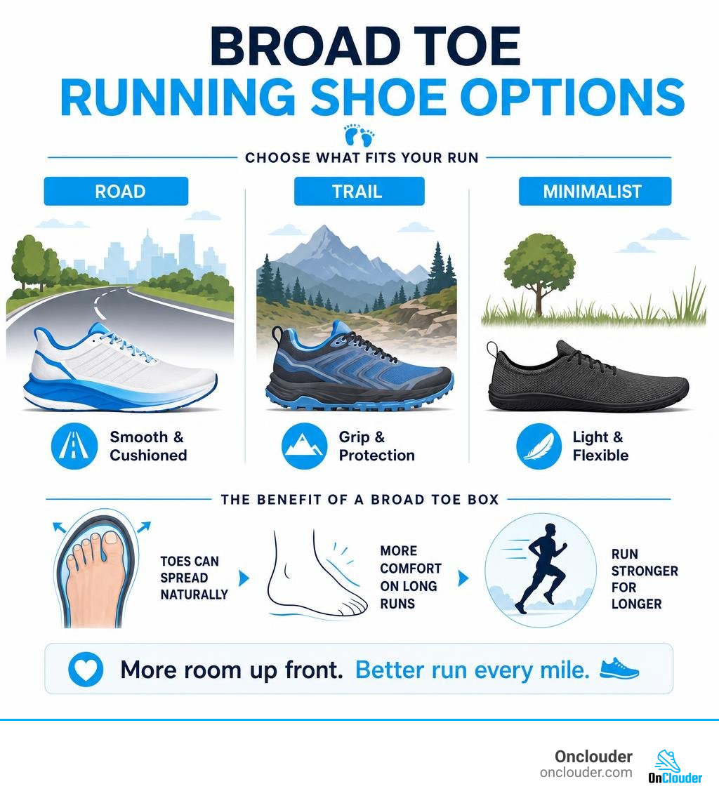 Broad toe running shoe options for road trails and minimalist running infographic Broad toe running shoe options for road trails and minimalist running infographic