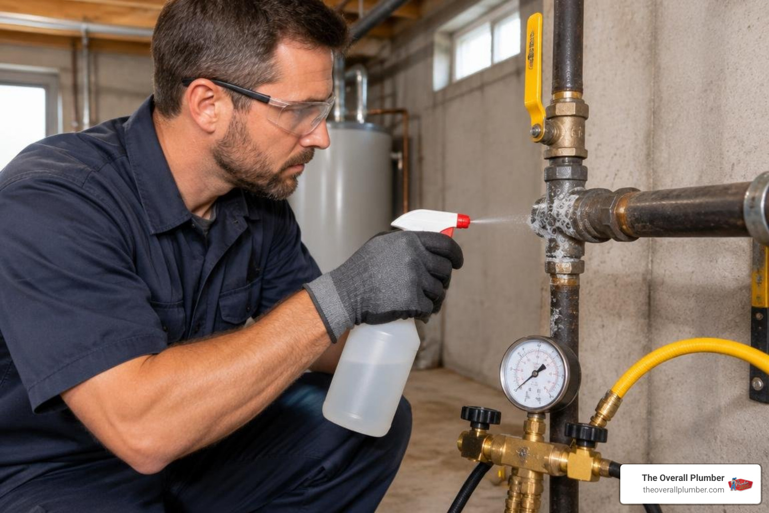 plumber applying bubble detection solution to pipe fittings during a pressure hold plumber applying bubble detection solution to pipe fittings during a pressure hold