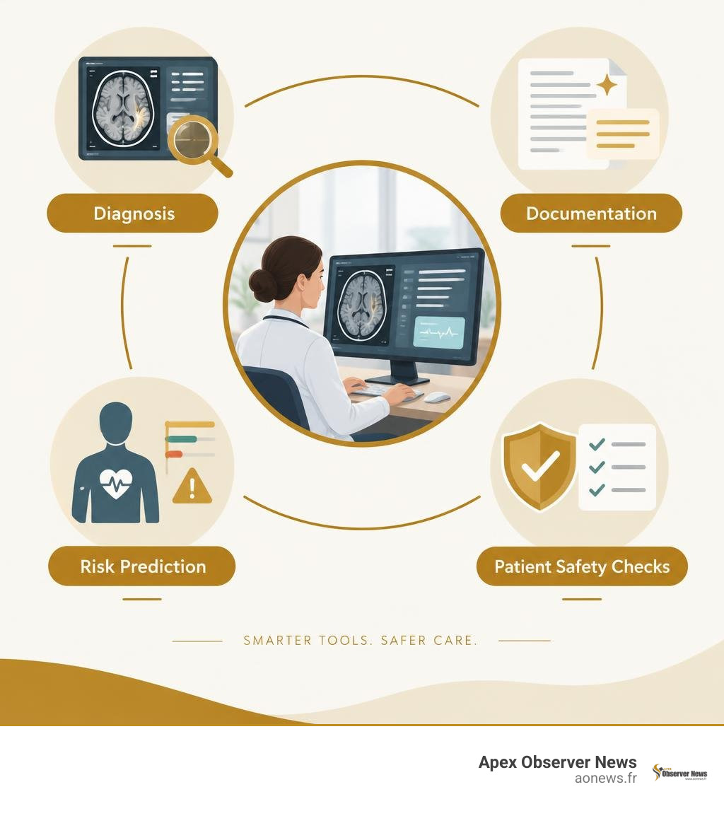 Clinical AI uses in diagnosis, documentation, and risk prediction, with patient safety checks infographic Clinical AI uses in diagnosis, documentation, and risk prediction, with patient safety checks infographic