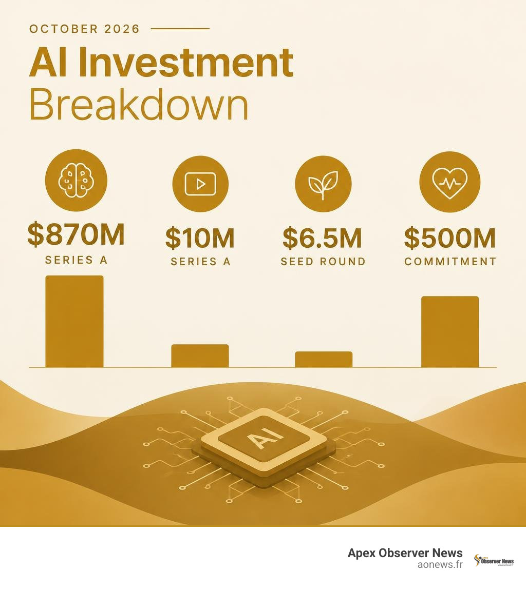 October 2026 AI investment breakdown showing an $870 million Series A, $10 million Series A, $6.5 million seed round, and
