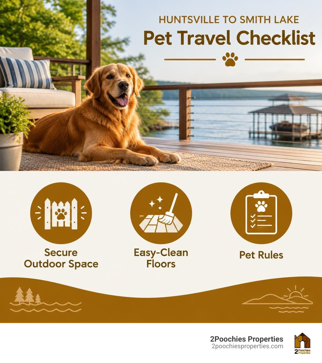 Huntsville to Smith Lake pet travel checklist: secure outdoor space, easy-clean floors, and pet rules infographic Huntsville to Smith Lake pet travel checklist: secure outdoor space, easy-clean floors, and pet rules infographic