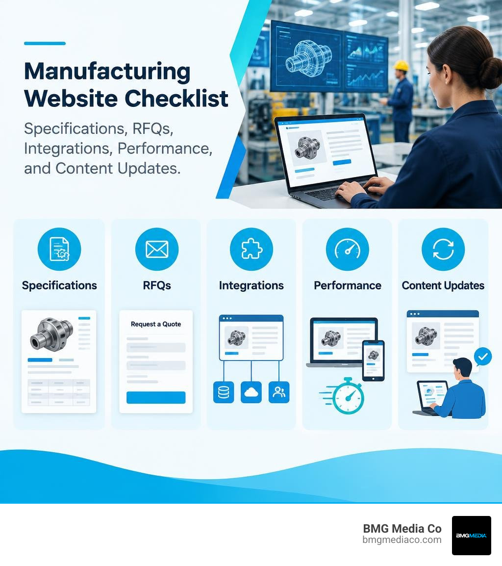 Manufacturing website checklist: specifications, RFQs, integrations, performance, and content updates infographic