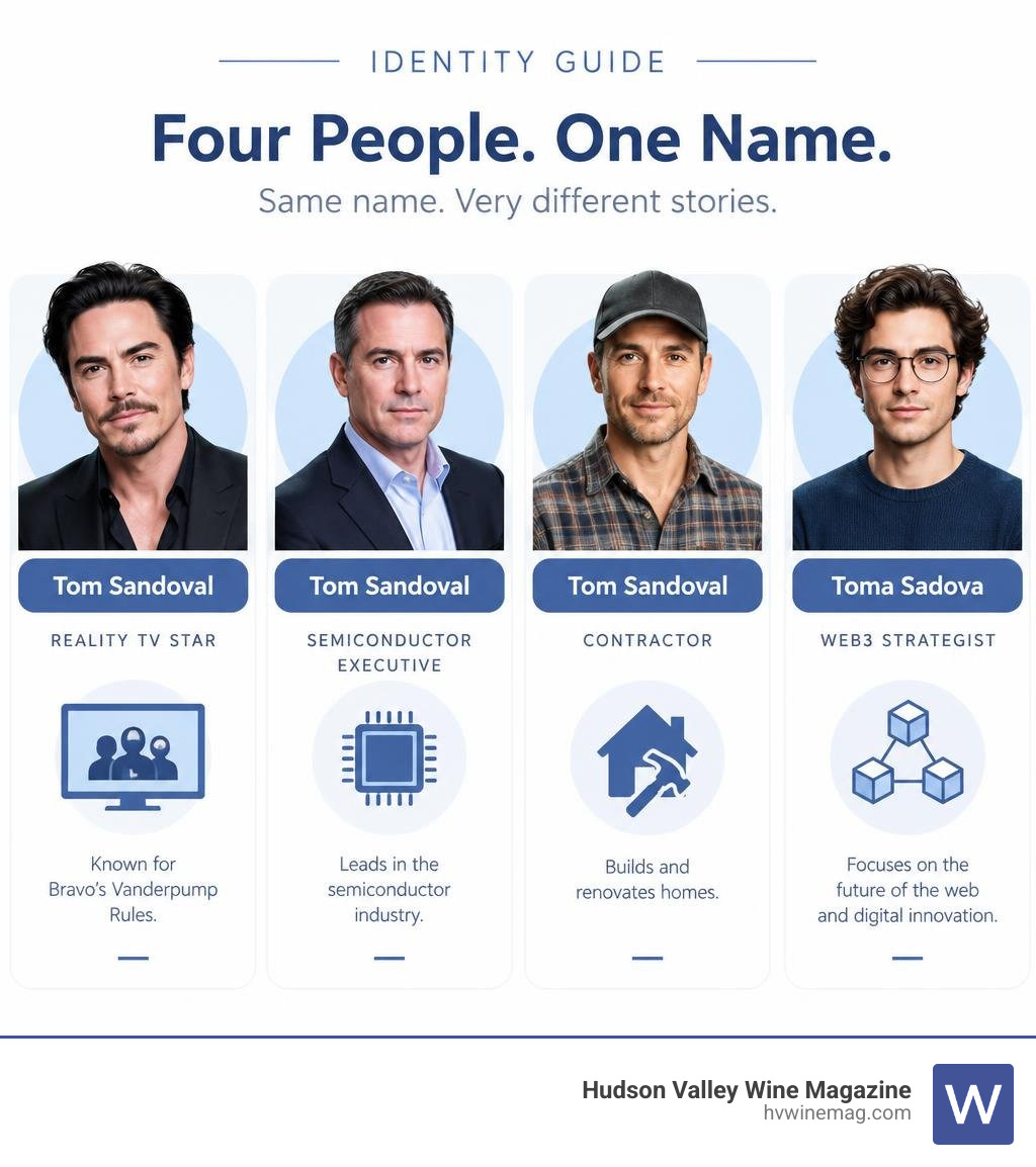 Identity guide comparing the reality TV star, semiconductor executive, contractor, and Toma Sadova infographic