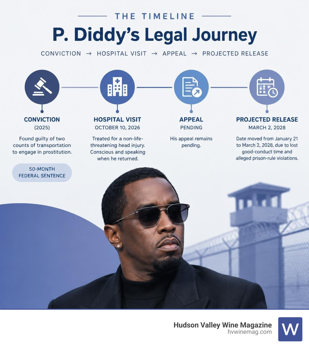 Timeline of Combs' conviction, October 2026 hospital visit, appeal and projected March 2028 release infographic