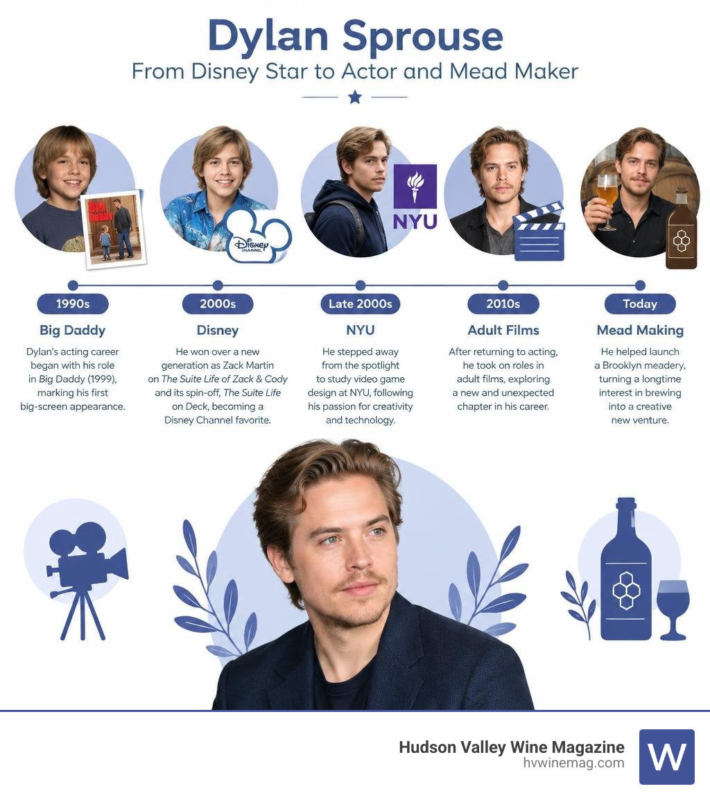 Dylan Sprouse career timeline from Big Daddy and Disney to NYU, adult films, and mead making infographic