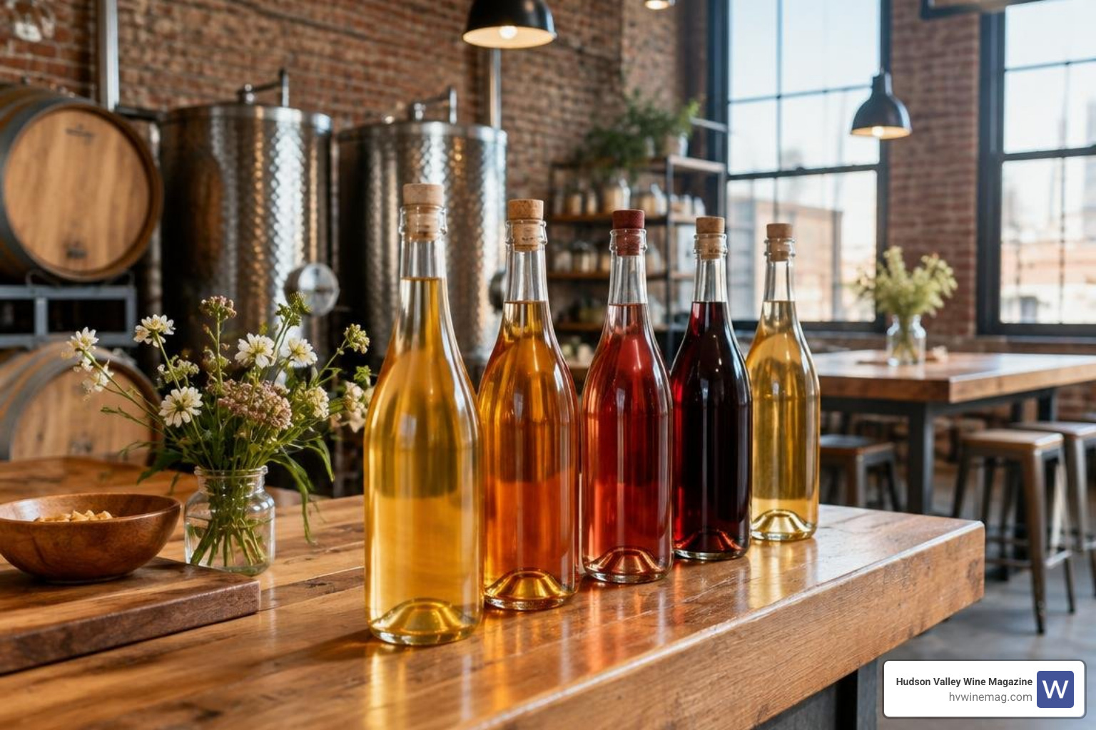 Artisanal mead bottles inside a Brooklyn craft beverage facility