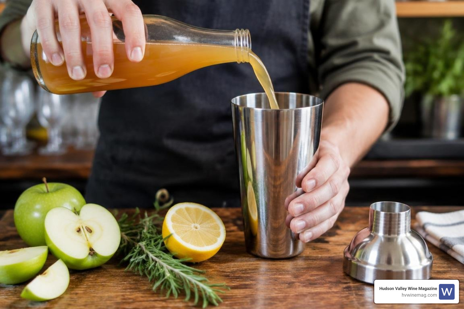 Fresh apple cocktail preparation with orchard cider and citrus