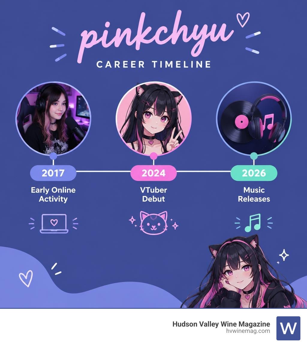 Pinkchyu career timeline: early online activity in 2017, VTuber debut in 2024, music releases in 2026 infographic
