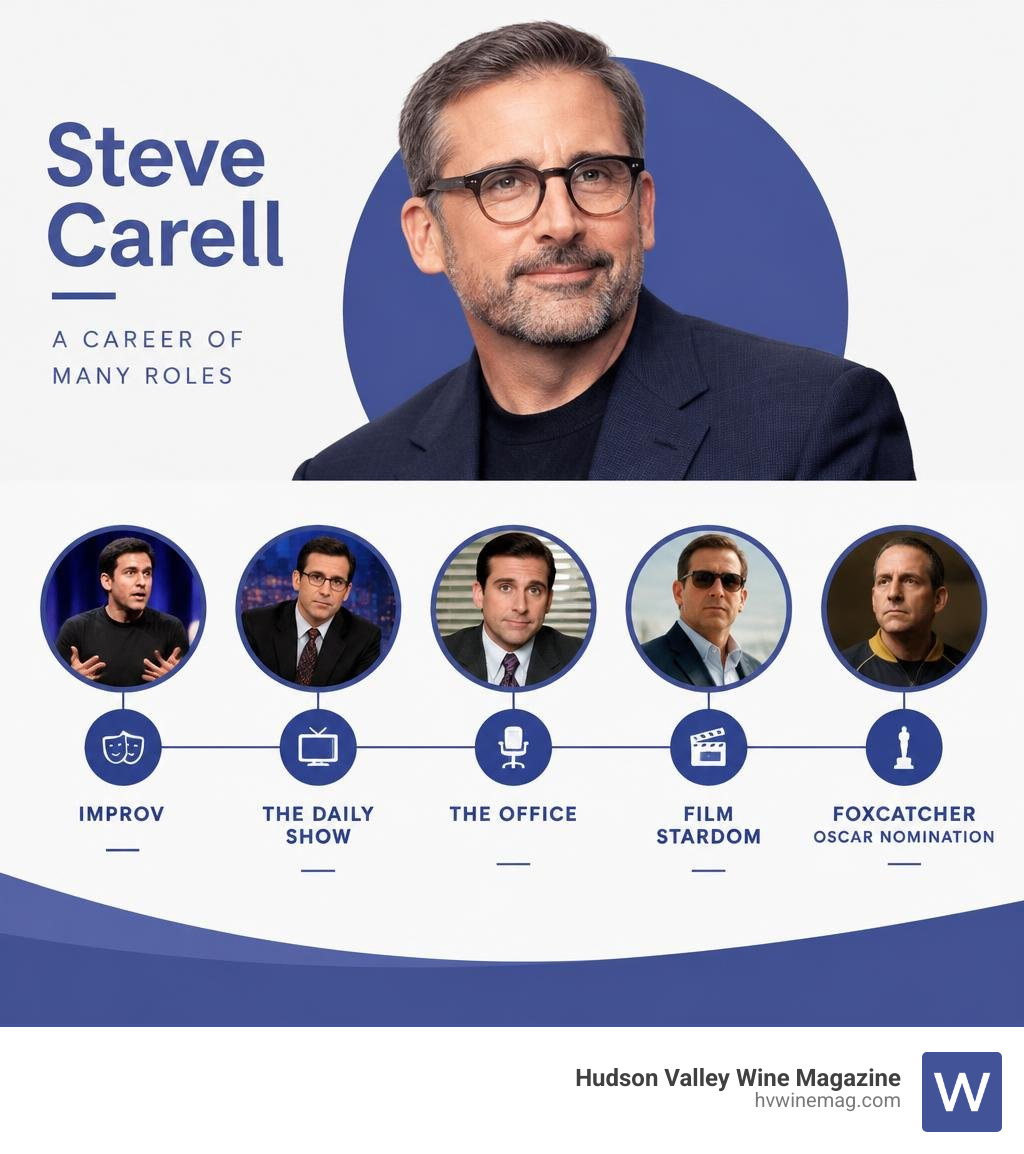 Steve Carell career milestones: improv, The Daily Show, The Office, film stardom, Foxcatcher Oscar nomination infographic