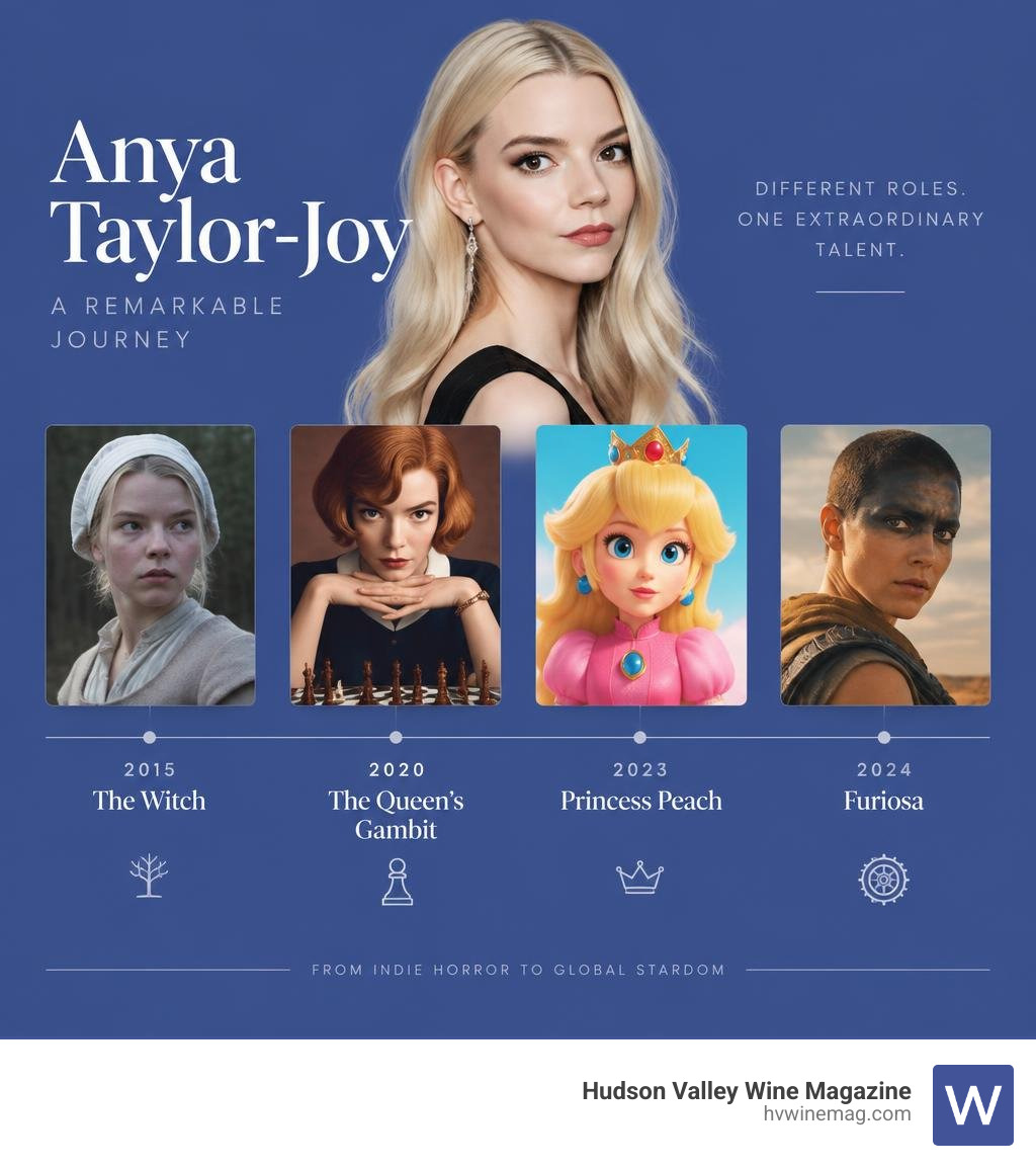Anya Taylor-Joy career timeline from The Witch to The Queen's Gambit, Princess Peach, and Furiosa infographic