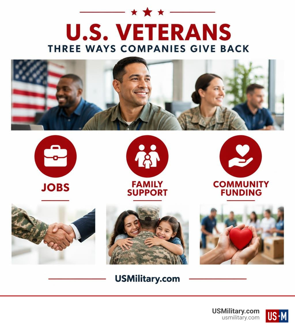 U.S. veterans and three ways companies give back: jobs, family support, and community funding infographic