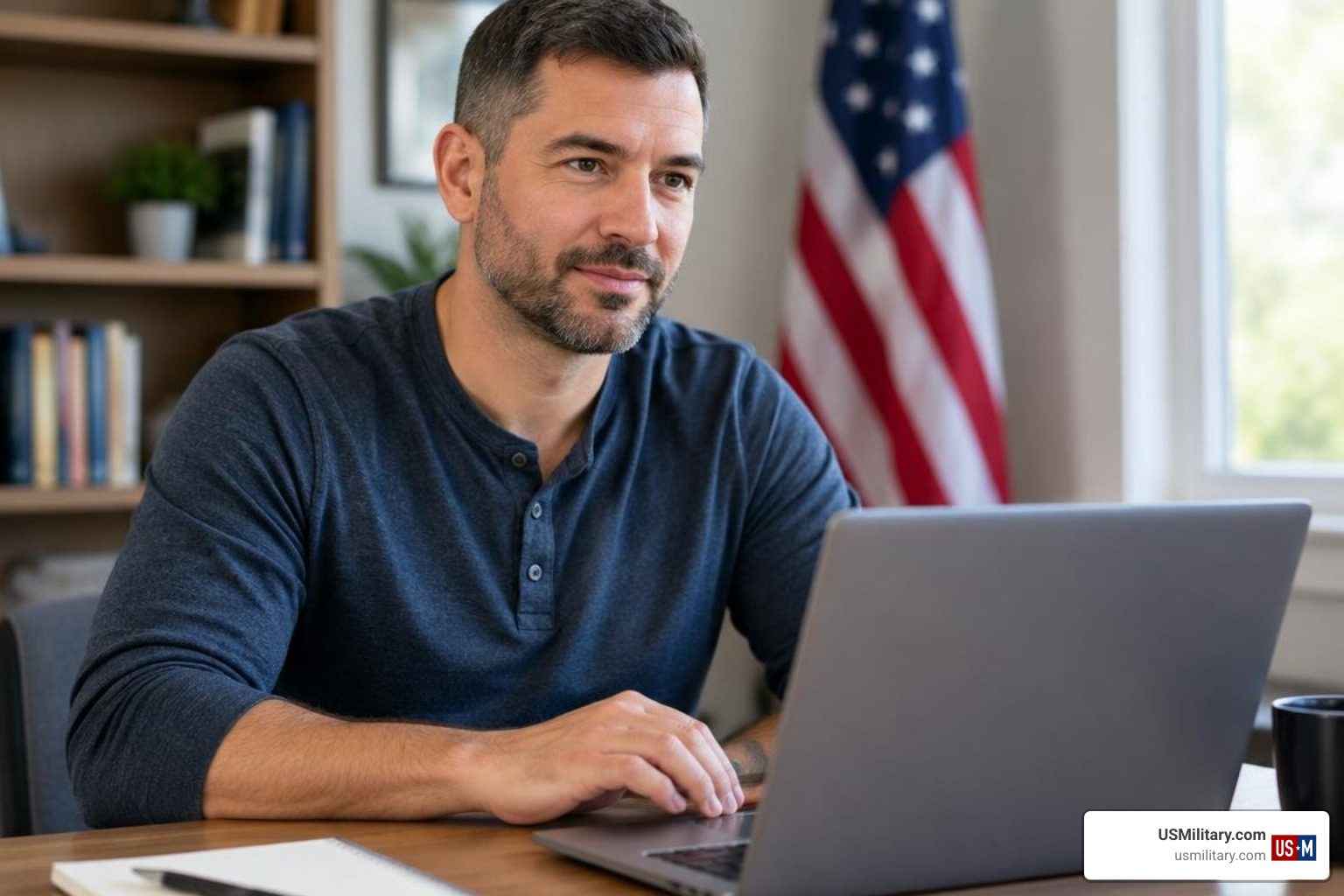 An American military veteran using a laptop to navigate transition career programs