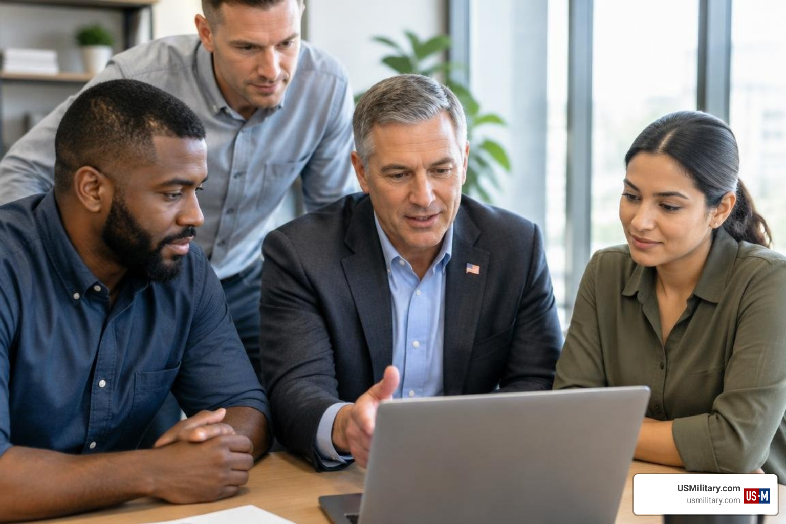 Photorealistic American military veterans in a civilian workplace