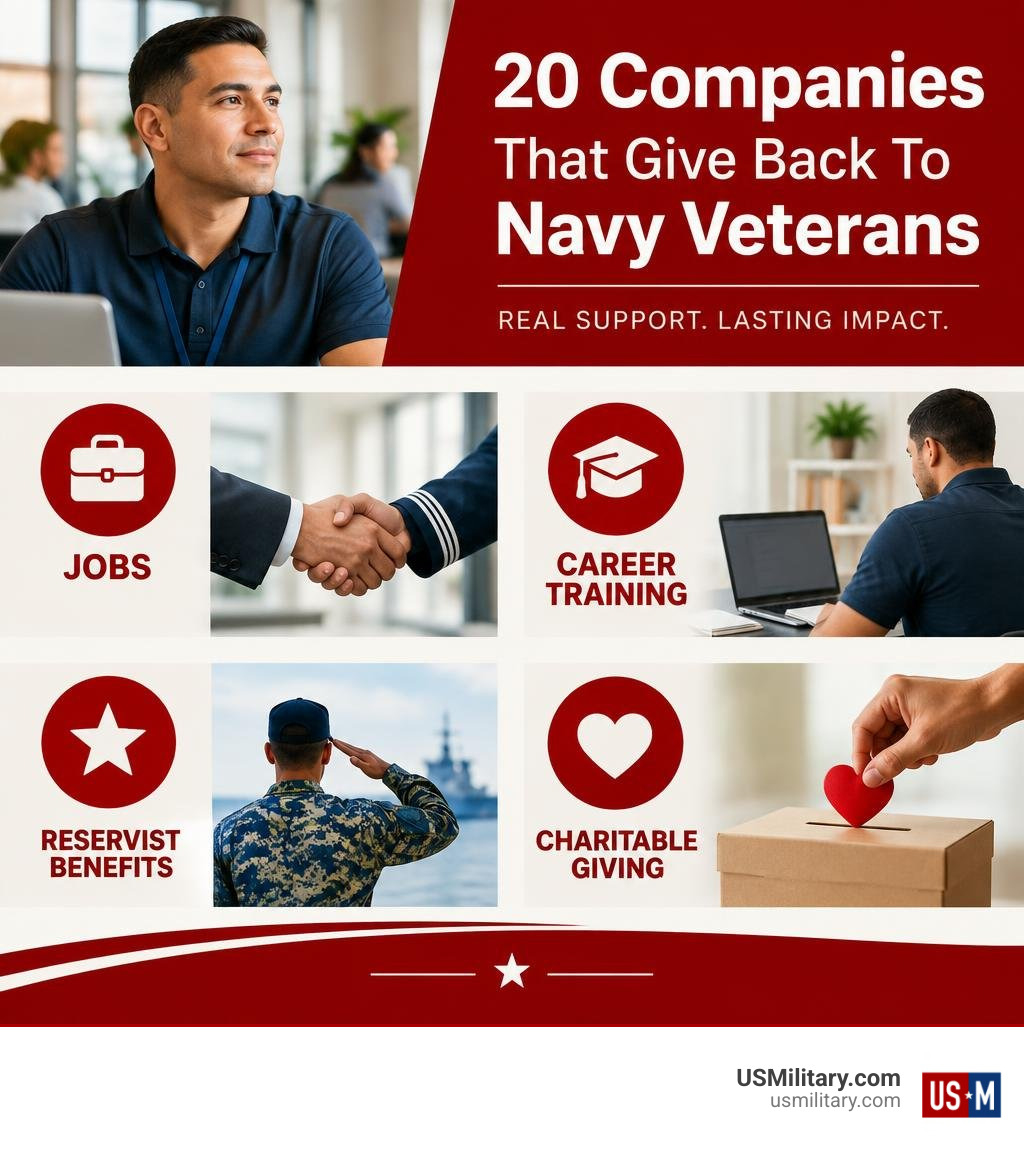 Ways 20 companies support Navy veterans: jobs, career training, reservist benefits, and charitable giving infographic Ways 20 companies support Navy veterans: jobs, career training, reservist benefits, and charitable giving infographic
