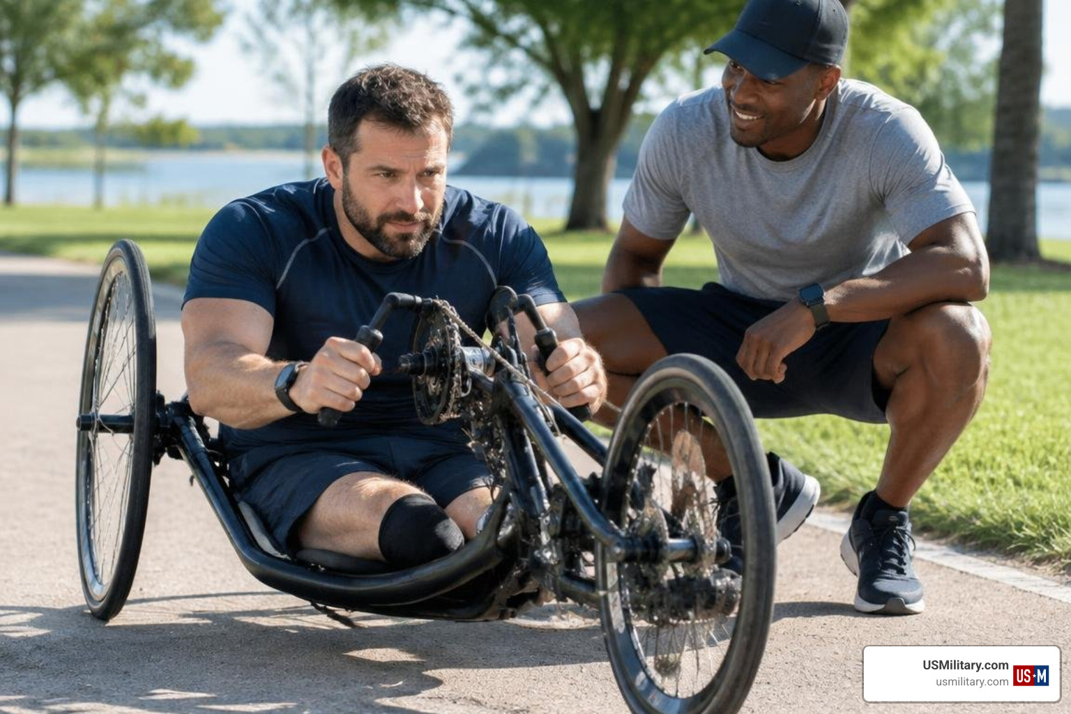 Wounded Navy veteran training with an adaptive handcycle Wounded Navy veteran training with an adaptive handcycle