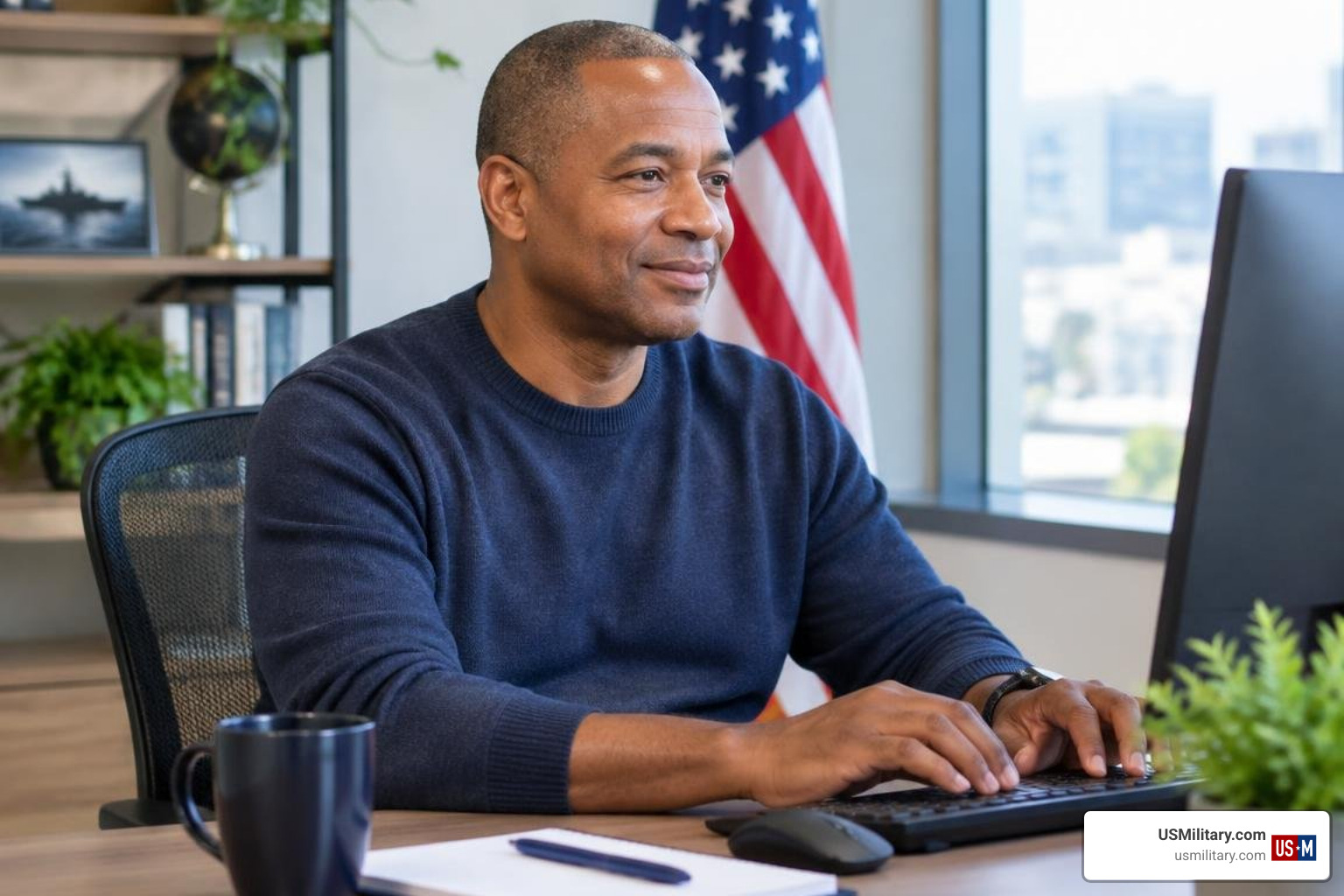 Photorealistic United States Navy veteran at a civilian workplace Photorealistic United States Navy veteran at a civilian workplace