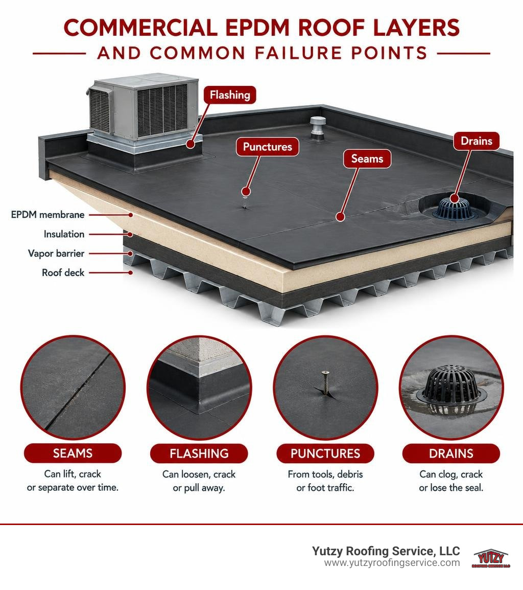 Commercial EPDM roof layers and common failure points: seams, flashing, punctures, and drains infographic Commercial EPDM roof layers and common failure points: seams, flashing, punctures, and drains infographic