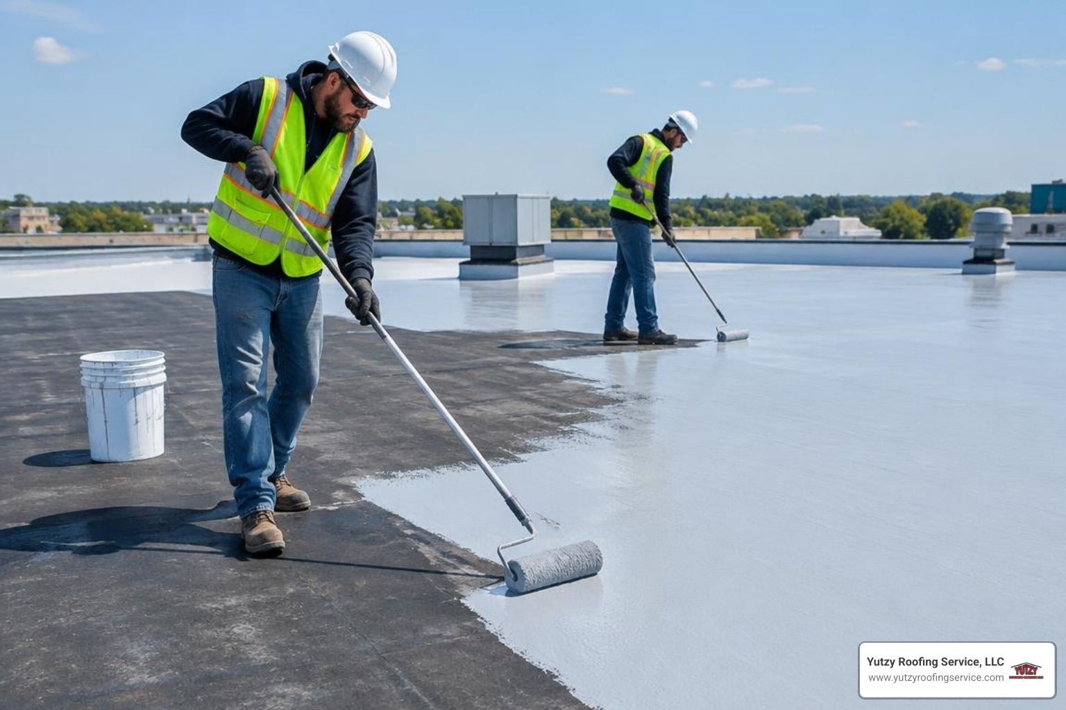 certified commercial roofing crew applying an elastomeric EPDM restoration coating certified commercial roofing crew applying an elastomeric EPDM restoration coating