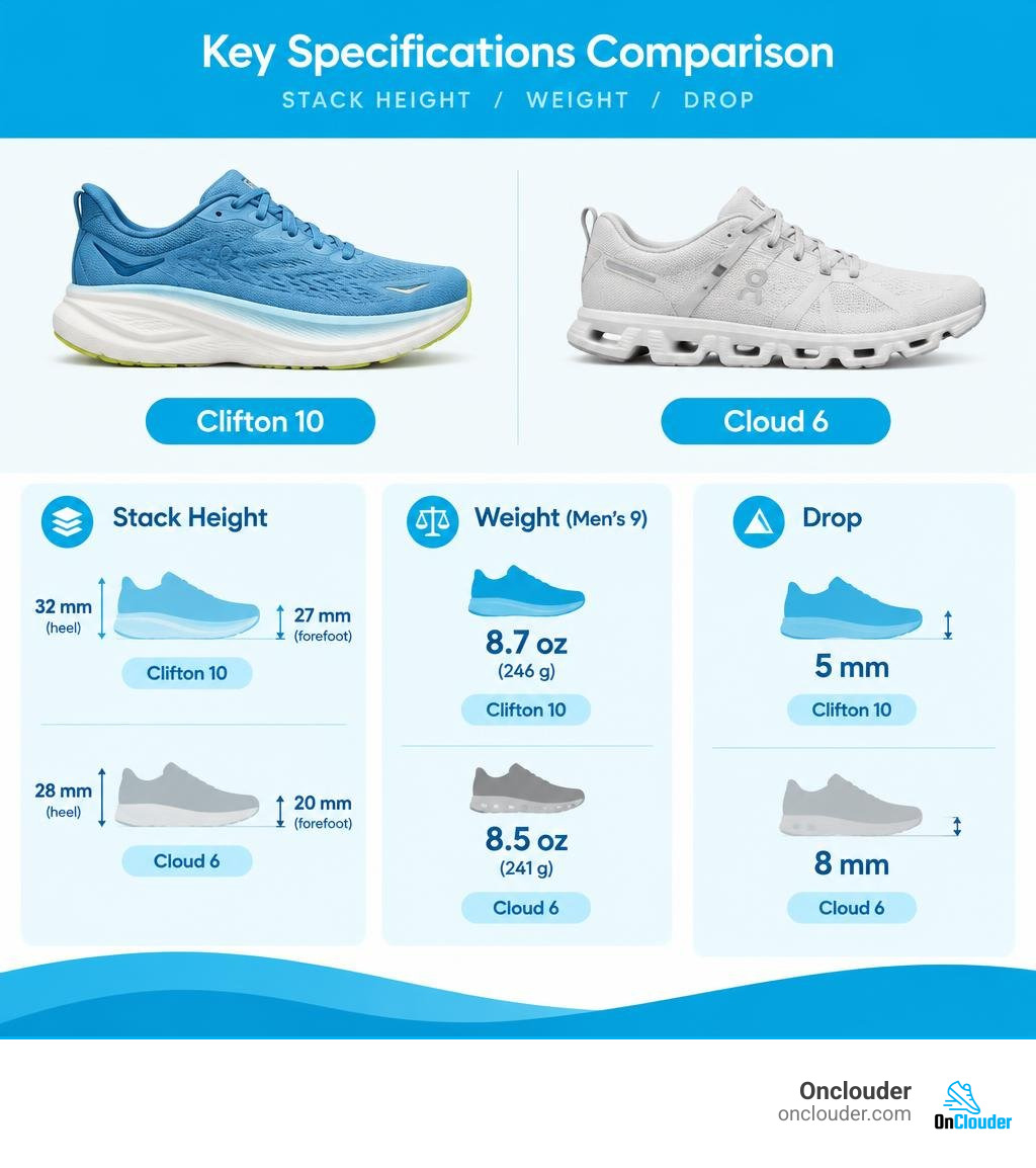 Spec comparison showing stack height, weight, and drop infographic Spec comparison showing stack height, weight, and drop infographic