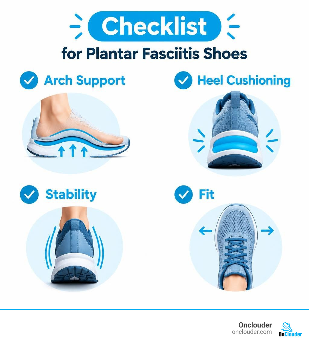 Checklist of arch support, heel cushioning, stability, and fit for plantar fasciitis shoes infographic Checklist of arch support, heel cushioning, stability, and fit for plantar fasciitis shoes infographic
