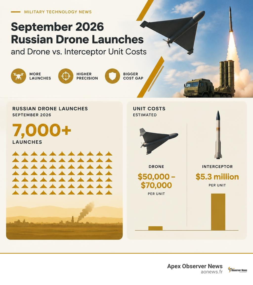 Infographic comparing September 2026 Russian drone launches with drone and interceptor unit costs infographic