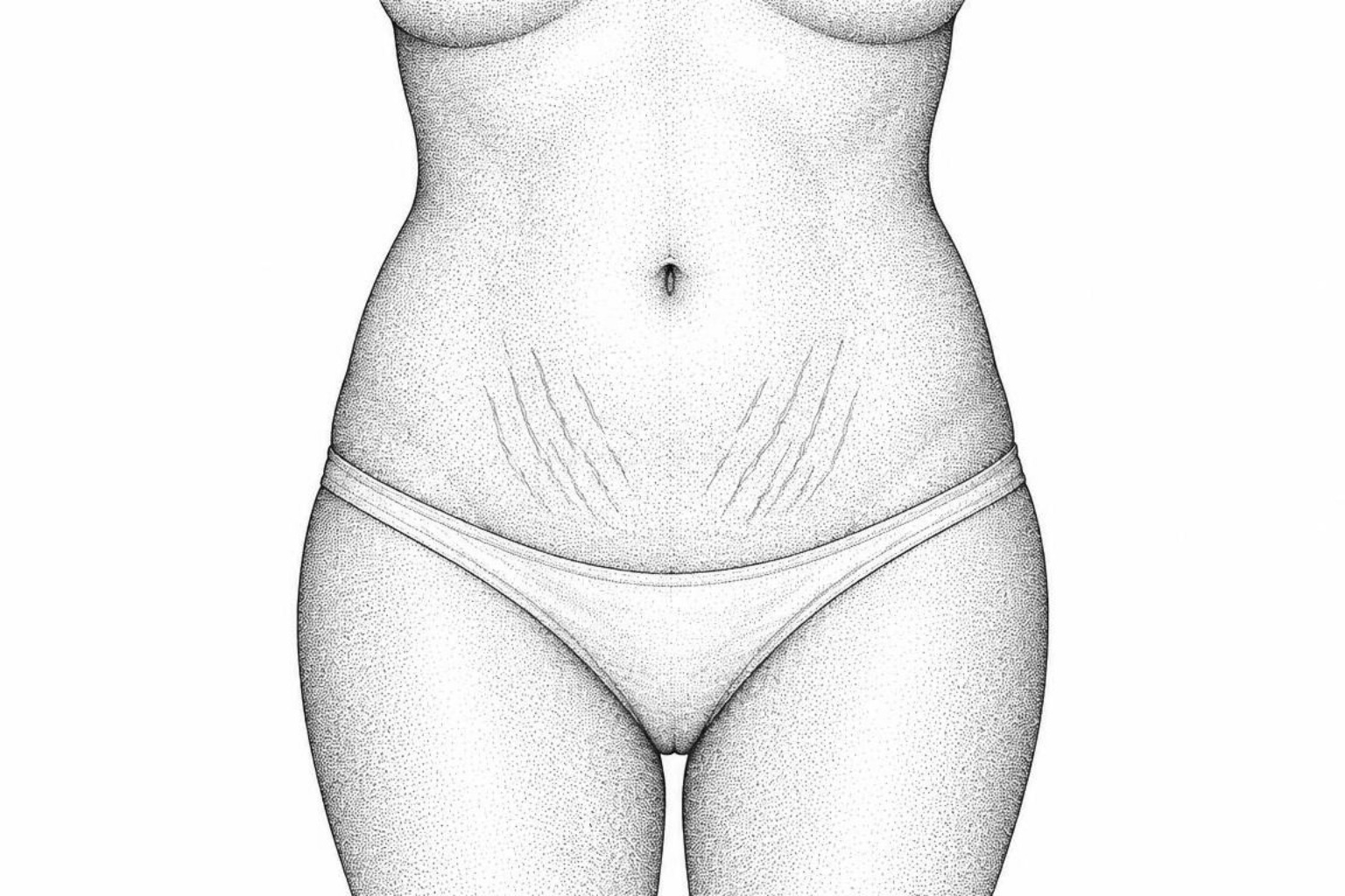 Stippled line drawing of an abdomen with stretch marks along the lower belly and hips