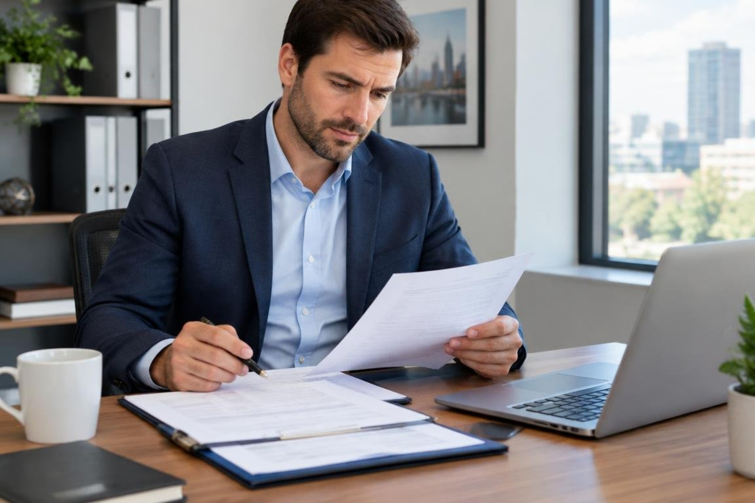 Business owner evaluating property quotes and policy schedules Business owner evaluating property quotes and policy schedules
