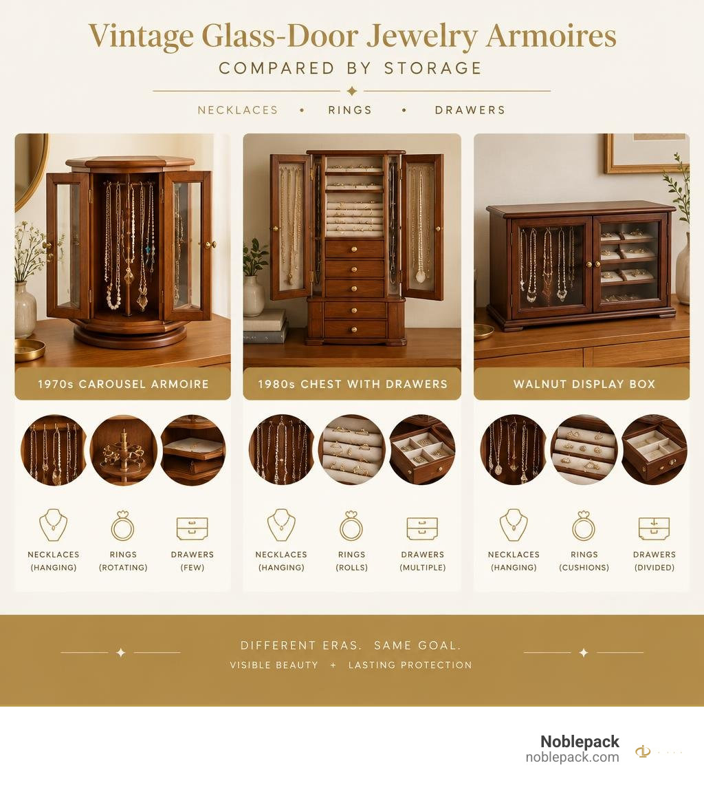 Comparison of vintage glass-door jewelry armoires and their necklace, ring, and drawer storage infographic