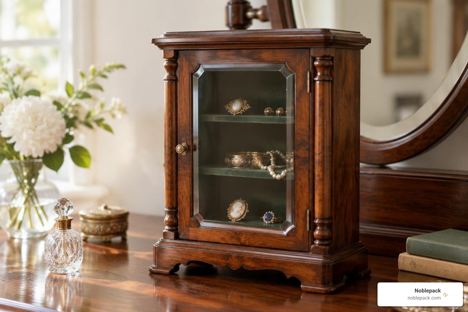 Victorian revival walnut jewelry box with beveled glass door