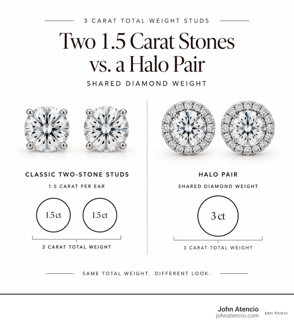 3 carat total weight studs: two 1.5 carat stones versus a halo pair with shared diamond weight infographic 3 carat total weight studs: two 1.5 carat stones versus a halo pair with shared diamond weight infographic