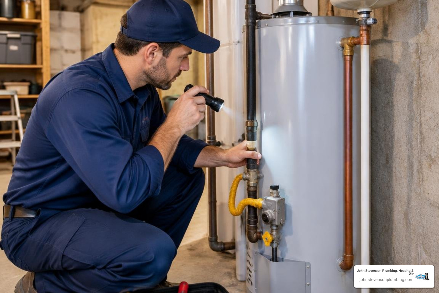 Certified technician inspecting a residential gas water heater valve and pressure relief line