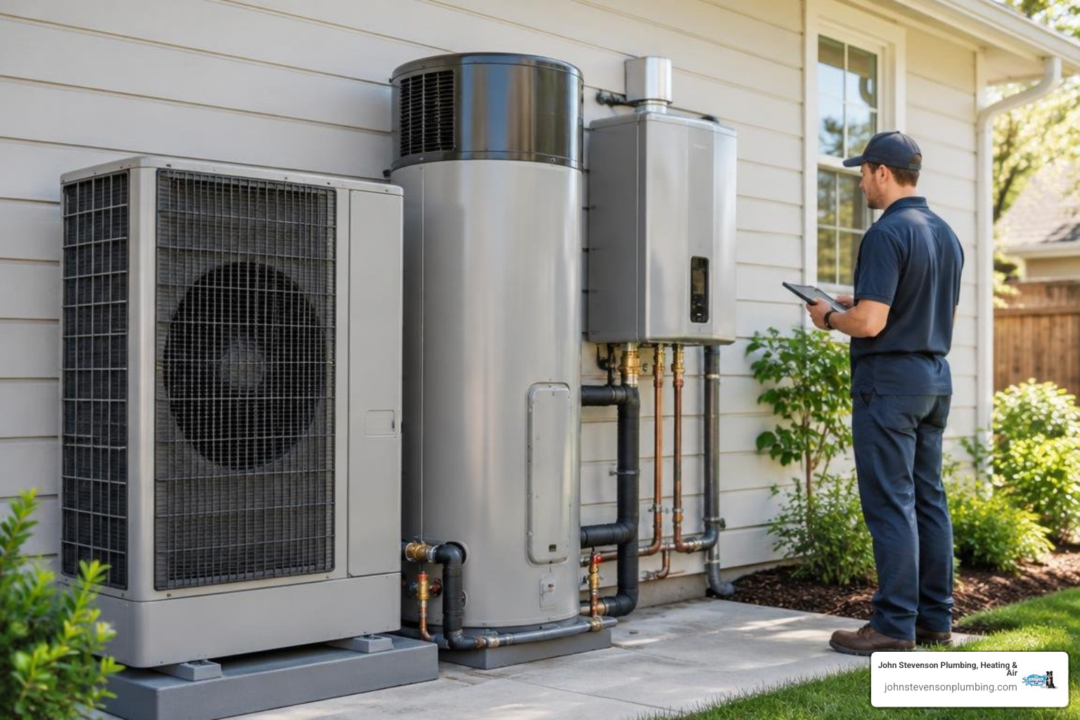 modern energy-efficient heat pump and tankless water heater installation