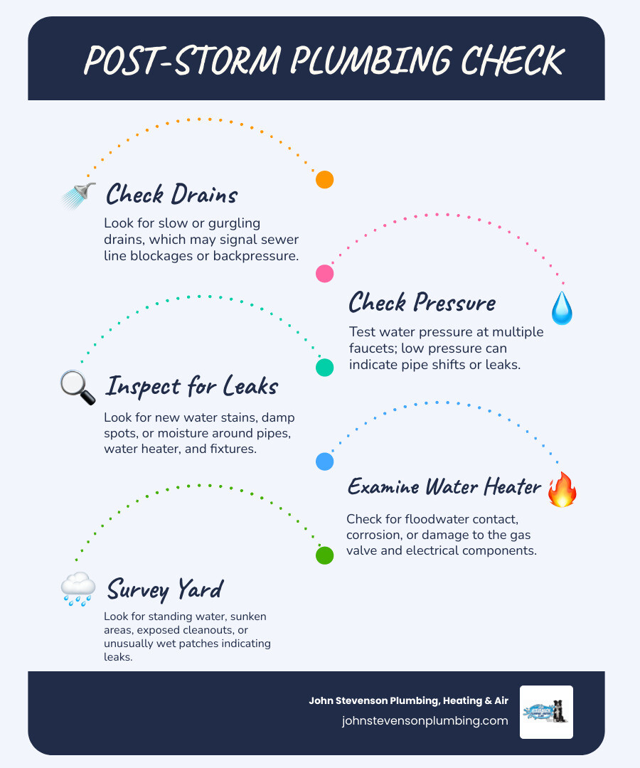 Post-storm plumbing checklist: check drains, pressure, leaks, water heater, and yard infographic