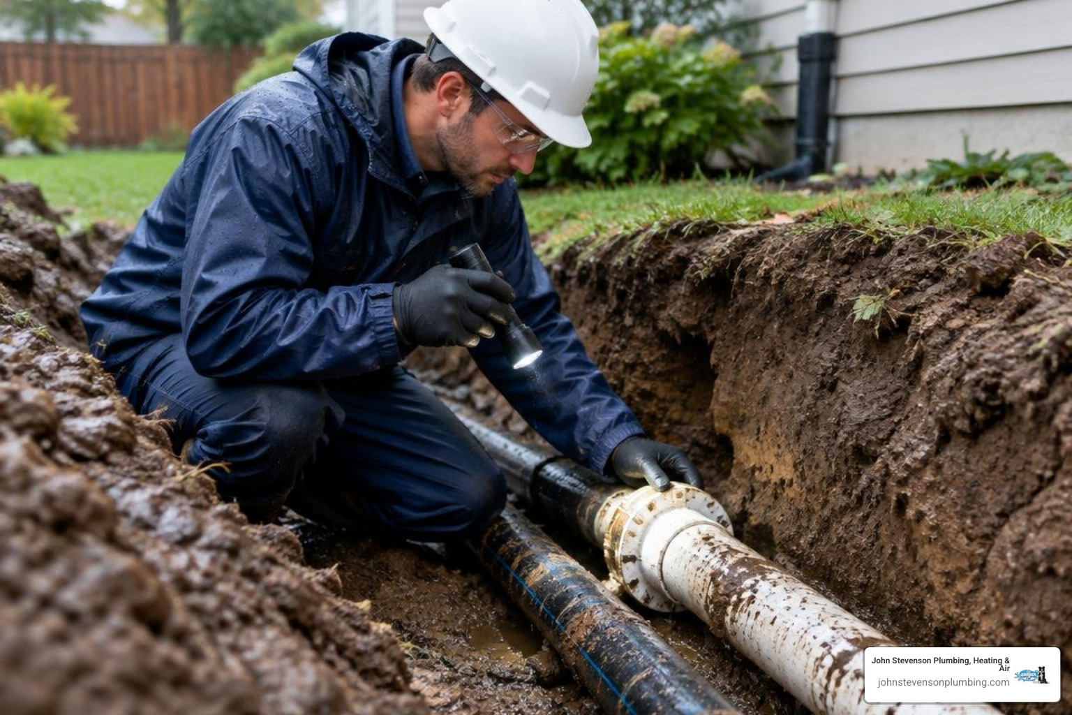A professional technician inspecting exposed plumbing lines