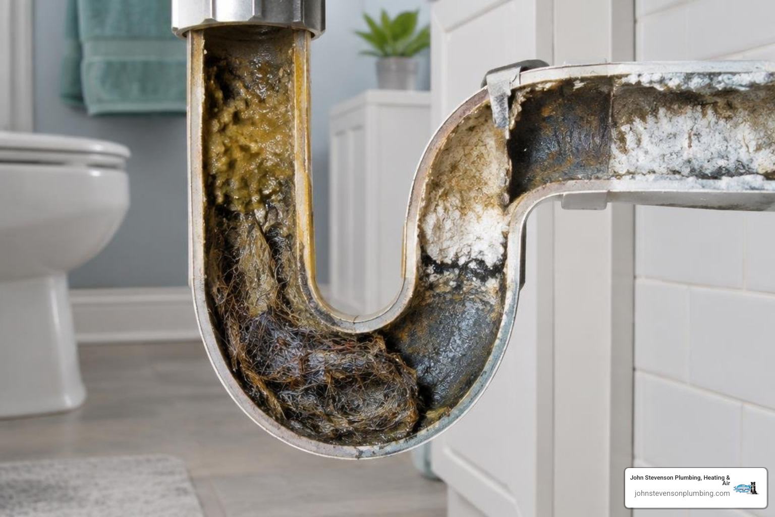 stages of grease and hair buildup inside a household drain pipe