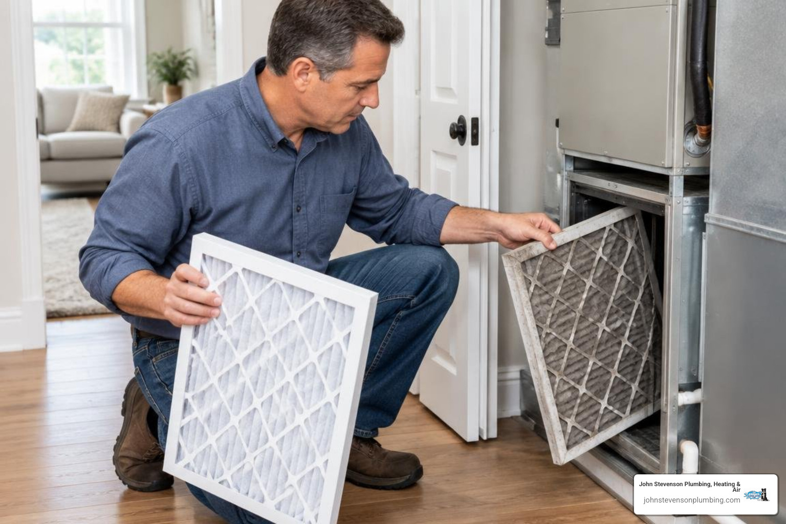 Homeowner checking and replacing an HVAC air filter Homeowner checking and replacing an HVAC air filter