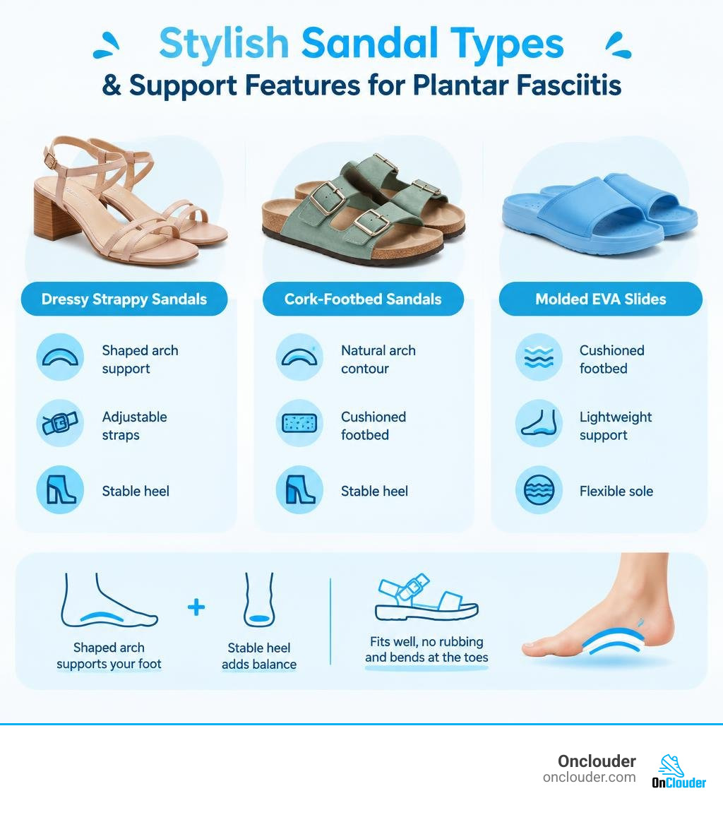 Comparison of stylish sandal types and support features for plantar fasciitis infographic Comparison of stylish sandal types and support features for plantar fasciitis infographic