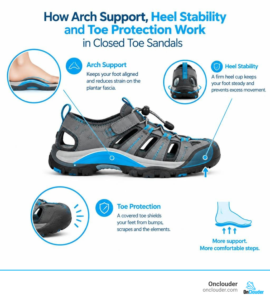 How arch support heel stability and toe protection work in closed toe sandals infographic How arch support heel stability and toe protection work in closed toe sandals infographic