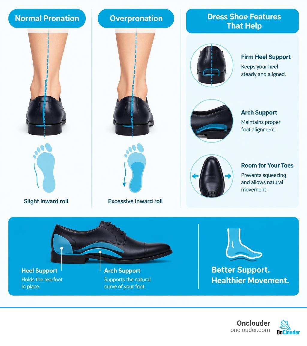Normal pronation versus overpronation, with dress shoe features that support the arch and heel infographic Normal pronation versus overpronation, with dress shoe features that support the arch and heel infographic