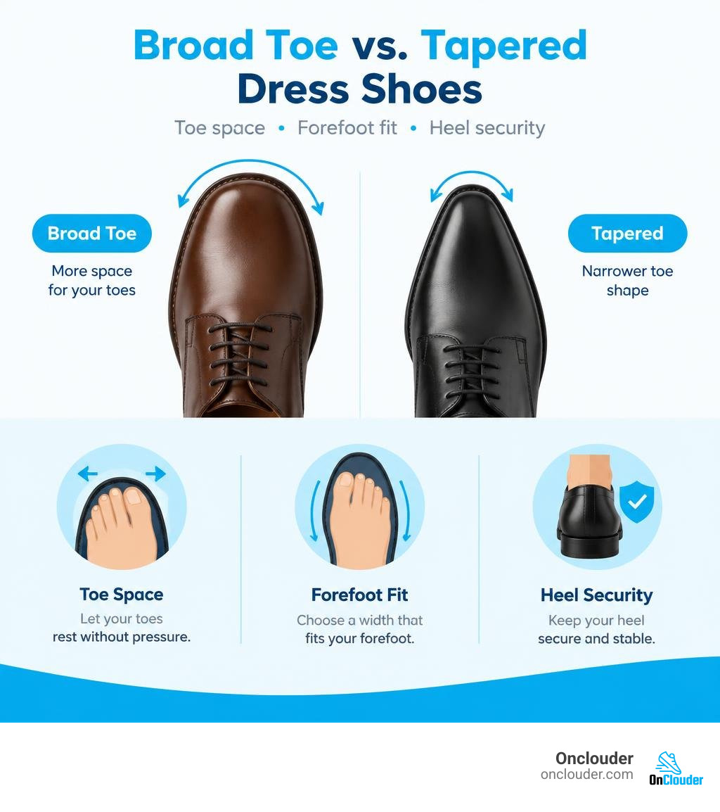 Broad toe versus tapered dress shoes: toe space, forefoot fit, and heel security infographic Broad toe versus tapered dress shoes: toe space, forefoot fit, and heel security infographic