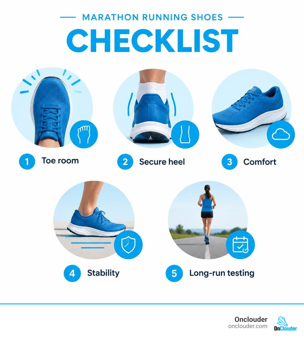 Marathon shoe checklist: toe room, secure heel, comfort, stability, and long-run testing infographic