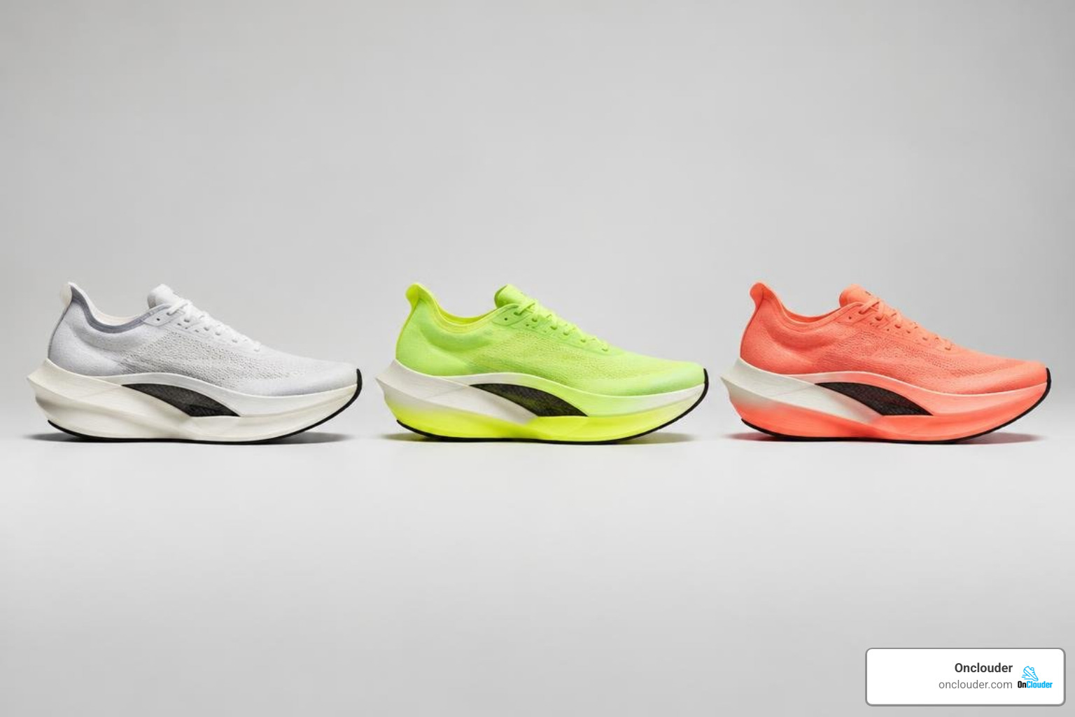 carbon plated marathon racing shoes side by side