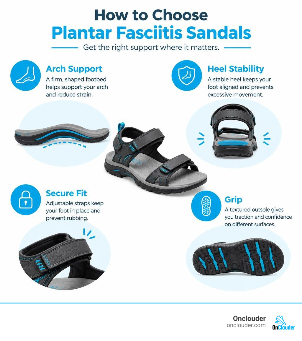How to choose plantar fasciitis sandals: arch support, heel stability, secure fit, and grip infographic