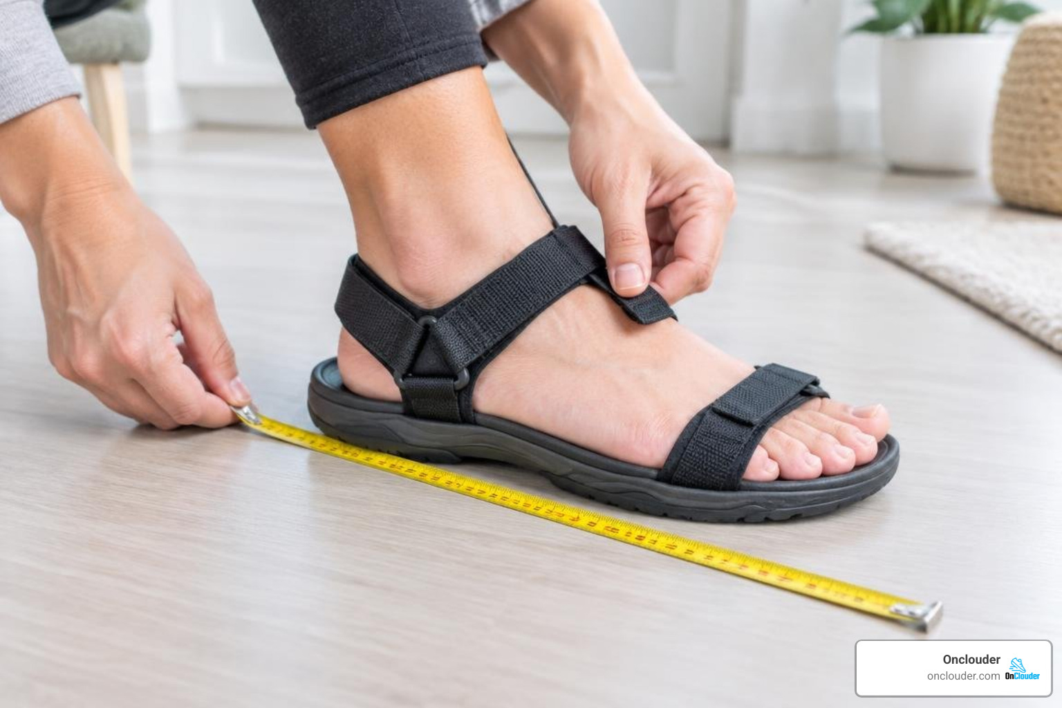 measuring foot length and adjusting straps for a secure athletic sandal fit