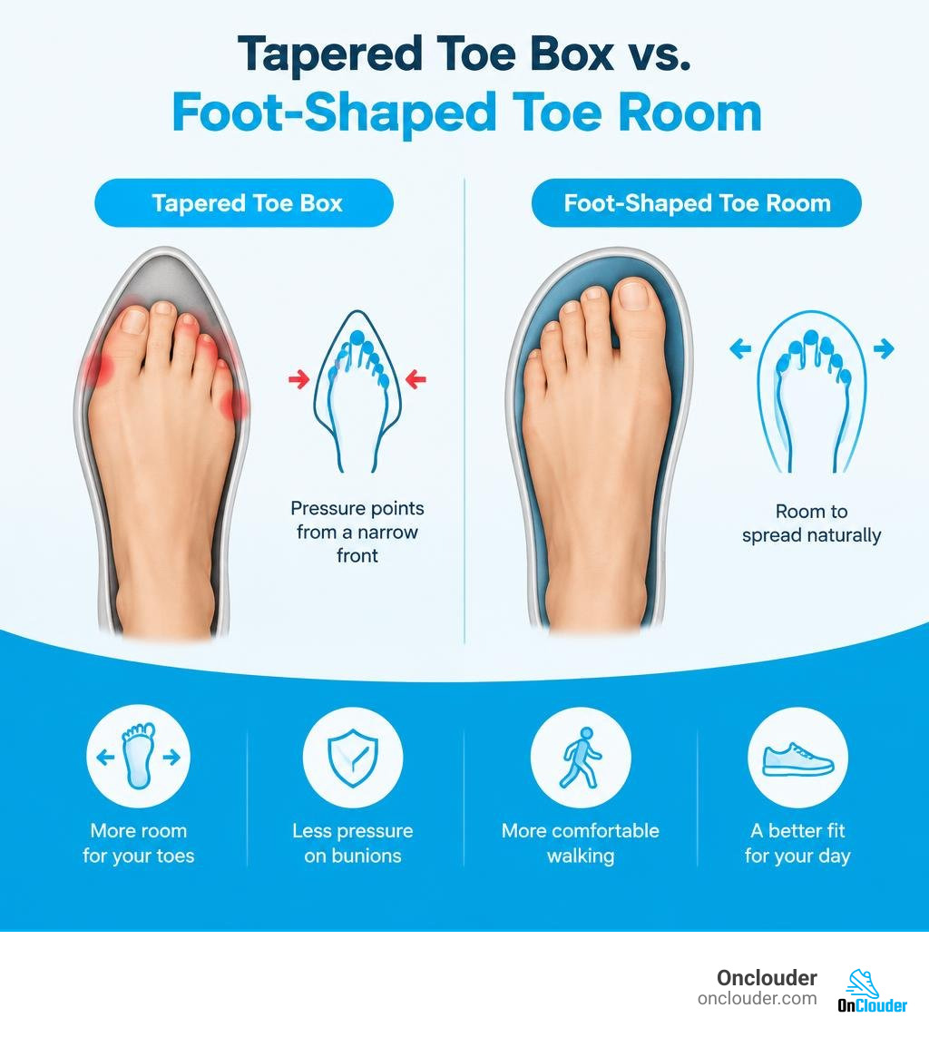 Comparison of tapered toe box pressure points and foot-shaped toe room infographic
